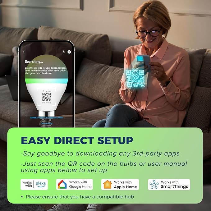 Lightinginside Matter E12 Smart Light Bulbs 50W Equivalent 5W 550LM, Compatible with Alexa/Siri/Apple Home/Google Home/SmartThings, G16.5 RGBCW Candelabra Ceiling Fan Bulb, 2.4G WiFi, ETL Listed, 2PCS