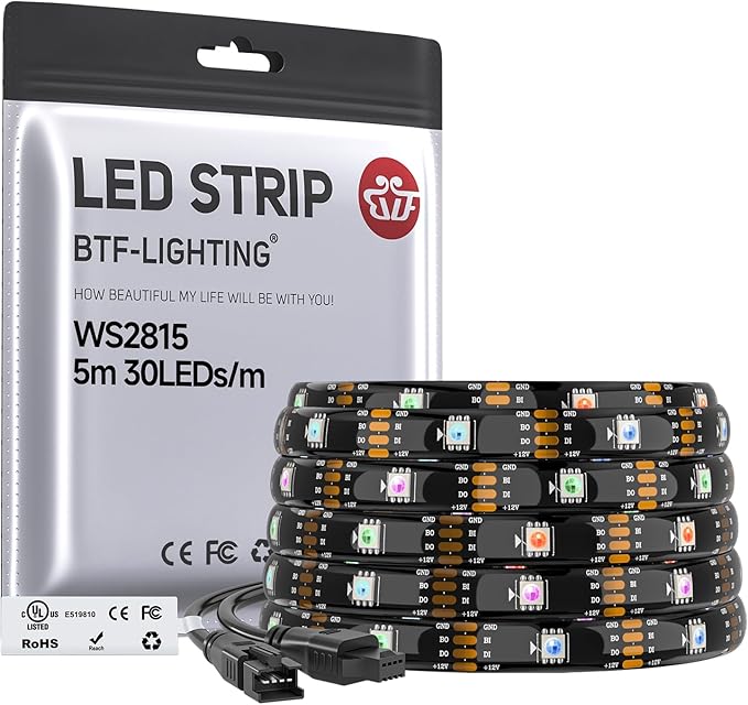 BTF-LIGHTING WS2815 (Upgraded WS2812B) LED Strip Light,UL Listed,16.4FT 150 LED/Pixels,Flexible Chasing RGB,Dual Signal Individually Addressable,5050SMD,3M Tape,DC12V IP65(No Adapter or Controller)