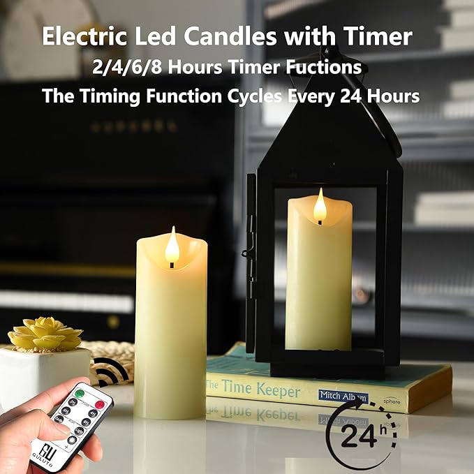 Rechargeable Flameless Candles, 2" x 5", ste of 2, Battery Operated Led Candles, Real Wax Candle with Remote and Timer, Ivory 3D Wick Pillar Candle for Home Fireplace, Wedding Decoration