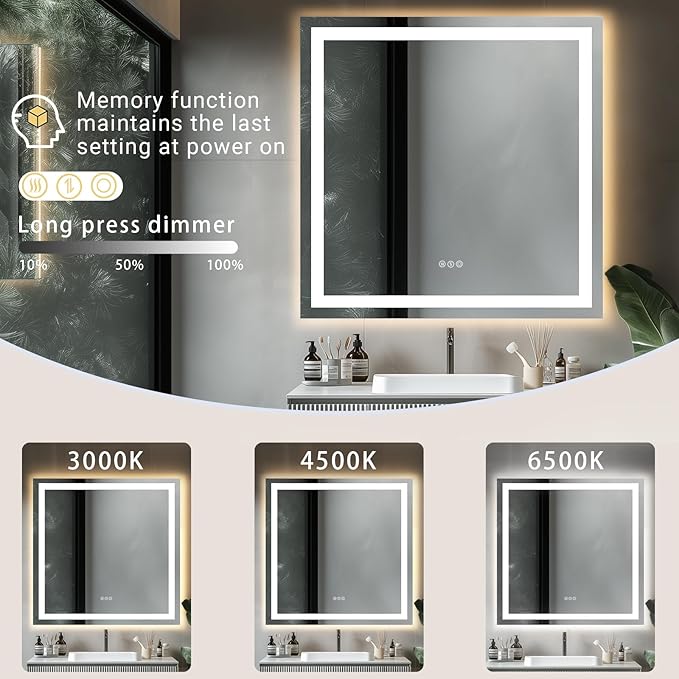 36"x 36" LED Bathroom Mirror with Stepless Dimmable, Backlight Wall Mirrors with Anti-Fog Bathroom Digital Mirror for Wall, 3 Color Modes, Memory Function Smart Mirror