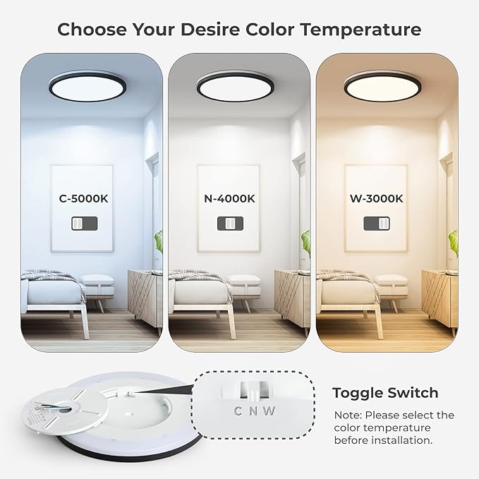 Matane 2Pack LED Flush Mount Ceiling Lights with Night Light, 12inch 24W Dimmable Ceiling Light Fixture 3000K/4000K/5000K Selectable, Black Flushmount Light for Bedroom, Kitchen, Laundry Room