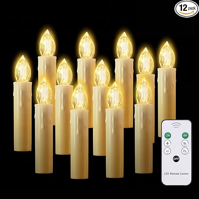 JOSU Flameless Christmas Trees Candles, 12Pcs Led Flickering Lights Battery Operated Candlesticks with Remote Timer/Clips, Warm White Window Taper Candles for Home Wedding Halloween Birthday Decor