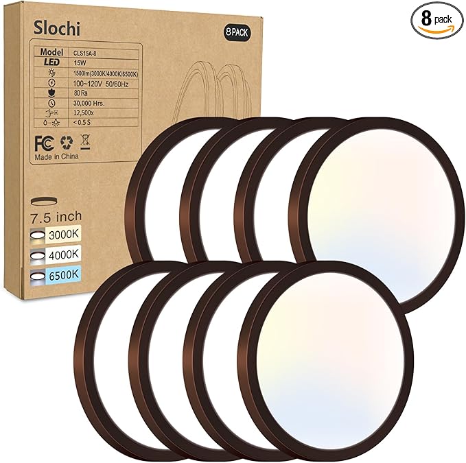 8PACK LED Flush Mount Ceiling Light Fixture, 3000K-4000K-6500K & 100W Equivalent Modern Kitchen Recessed Ceiling Lamp 15W 1500Lm 7.5 Inch Closet Round Surface for Bathroom Laundry-Oil-Rubbed Bronze