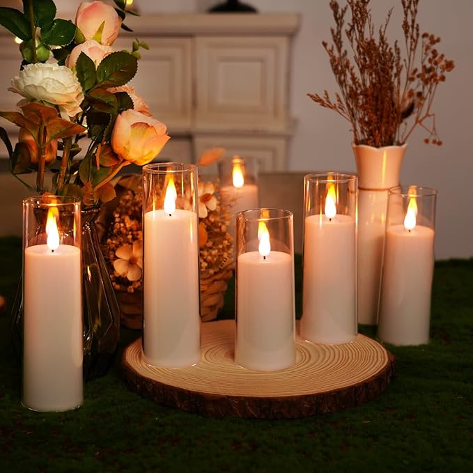 Amagic Magic Pure White Flameless Candles, Battery Operated Candles, Acrylic Flickering LED Pillar Candles with Remote Control and Timer, 3D Wick, Yellow and Blue Glow, D2.2 xH5.5 6.5" 7.5", Set of 9