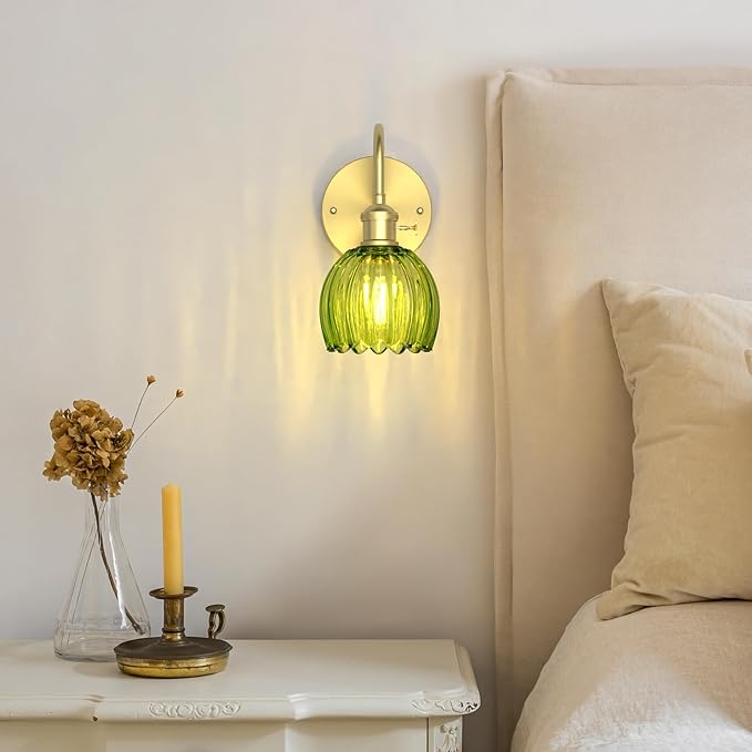 Wall Sconces Lights Lamp for Bedroom Bathroom, Modern Vanity Light Fixtures, Wall Mount Lighting Vintage Tulip Green Glass Shade for Living Room Mirror Hallway Kitchen