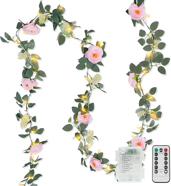suddus Flower Garland with Pink Camellia Fairy Lights Indoor, 60 LED Vines String Lights Battery Operated with Remote, Artificial Fake Flowers Leaf Lights for Wedding,Bedroom,Centerpieces,Arch Decor