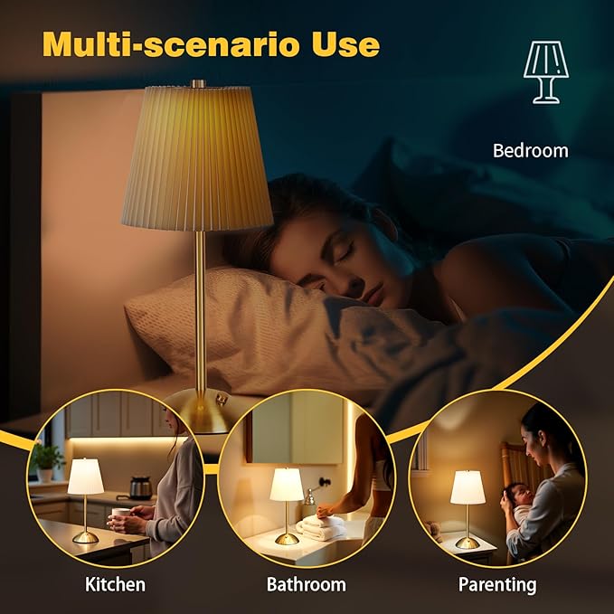 2-Pack Cordless Table Lamp,3000mAh Rechargeable Battery Operated Touch Light, Portable 3-Color Dimmable Vintage Ambient Light Beige Fabric Shade for Dining Table/Bedroom/Kitchen/Bathroom/Entryway/Gift