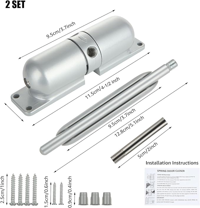 2PCS Automatic Door Closer Safety Spring Door Closers, Adjustable Closing Door Hinge for Convert Hinged Doors to Self-Closing, Grey Door Closer Auto for Residential, Commercial - 4-1/2 Inch