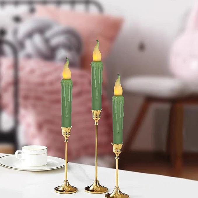Sage Green Flameless Short Taper Candles, Real Wax Hand Dipped LED Battery Operated with Remote, Flickering Flame Lights for Festival Party Home Décor, 6.7 Inch Primitive Flameless Candles, 4PCS