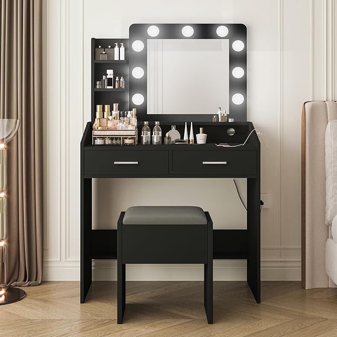 Vanity Desk with Lights and Mirror - Makeup Vanity Set with Power Outlet & USB Ports, 3 Lighting Modes, Adjustable Brightness, Includes 2 Drawers and Cushioned Stool, Small Dressing Table for Bedroom