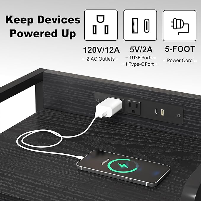 Fixwal Night Stand for Men Bedroom with Charging Station & LED Lights, Nightstand with 2 Fabric Storage Drawers and Edge, Black