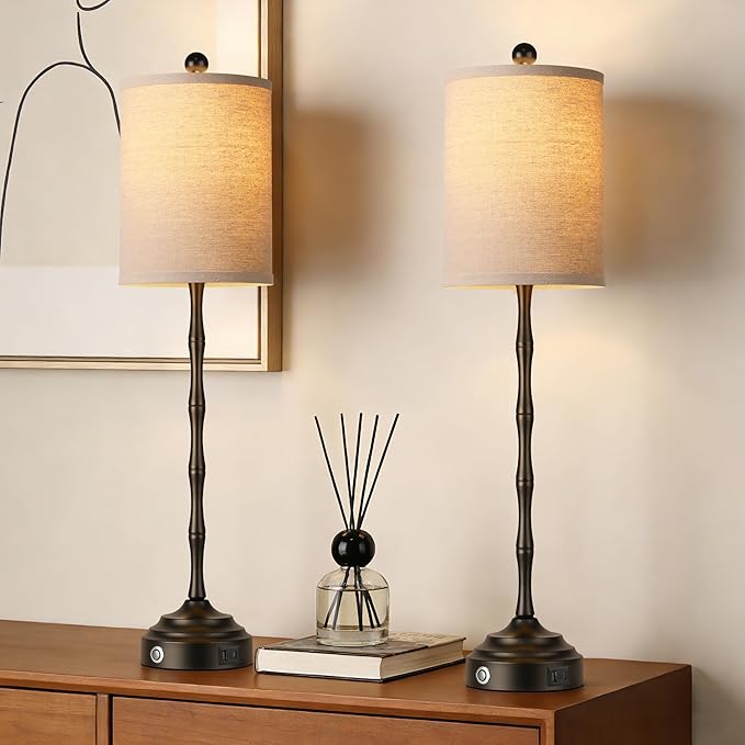 Qimh Buffet Lamps for Night Stands, 30.5" Tall Skinny Beside Lamps Set of 2 with Linen Shade and Stable Base, 2 LED Bulbs Morden Table Lamps for Living Room, Bedroom, Dinning Rooms, Entry, Home(Black)