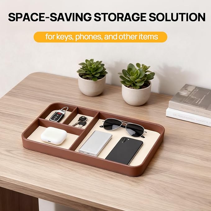 Leather Valet Tray, Stylish and Organized Multifunctional Tray, Nightstand & Desk Organizer, EDC Catchall for Keys Watch Jewelry Bedside Table Organizer
