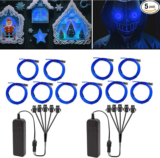 Ourbest 5in1 Electroluminescent Neon Strip Light Wire, EL Wire Lights Battery Pack for Cosplay Party Decoration 3Mode Stay/Slow/Fast Flash(10Pack 3Ft with 2 Battery Boxes Blue)