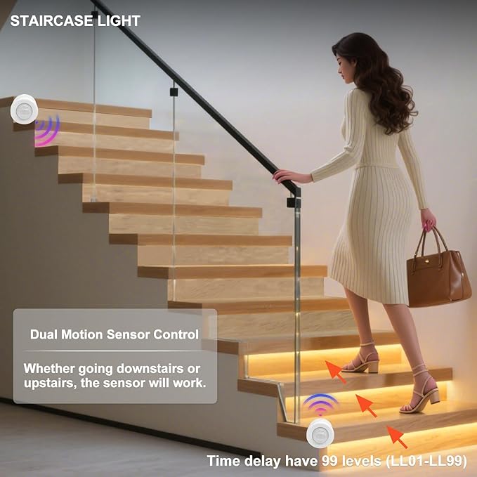 Intelligent Motion Sensor LED Stair Light Kit with Main Wire& Daylight Sensor, Step by Step Control 47.2 Inches Cuttable LED Strip Lights Indoor with Remote (16 Stairs,3000K)