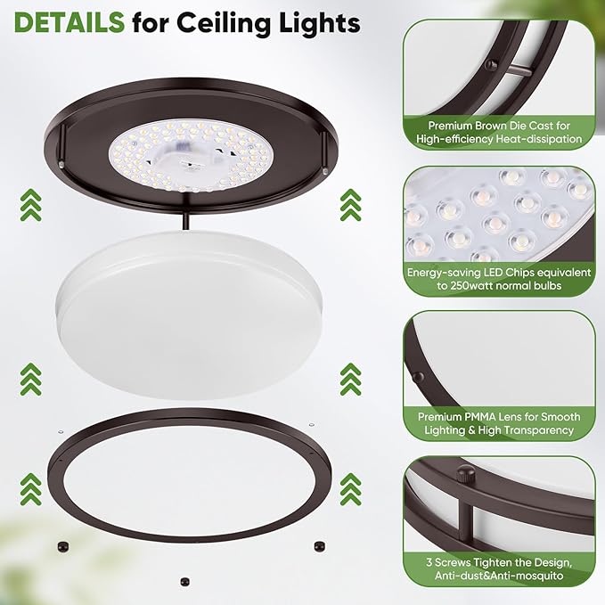 2-Pack 36W LED Ceiling Lights, 12inch Oil-Rubbed Bronze Flush Mount Light Fixtures 3600LM 2700K/3000K/4000K/5000K/6500K Adjustable Ceiling Lights, Modern Dimmable Lighting for Kitchen Hallway Bedroom