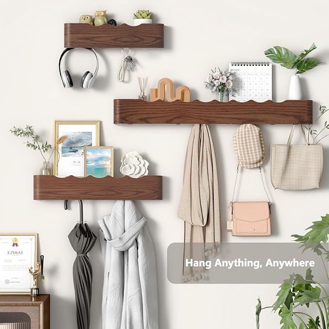 Coat Rack Wall Mount Entryway Organizer Modern Key Holder Wall Mount with Wooden Shelf Entryway Hooks for Bedroom Kitchen Hallway Bathroom for Hanging Coats Hats Dog Leashes Bags Towels