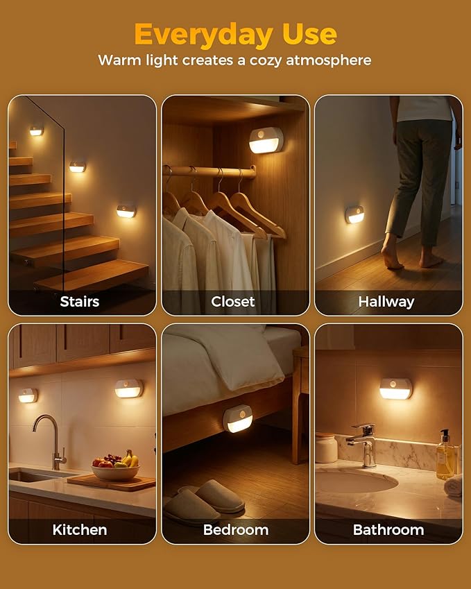 4 Pack Battery Motion Sensor Stair Lights, Indoor Closet Light, Wireless Stick On Hallway Night Light, Battery Operated LED Lights for Stairway Closet Bedroom Cabinet Toilet Bathroom