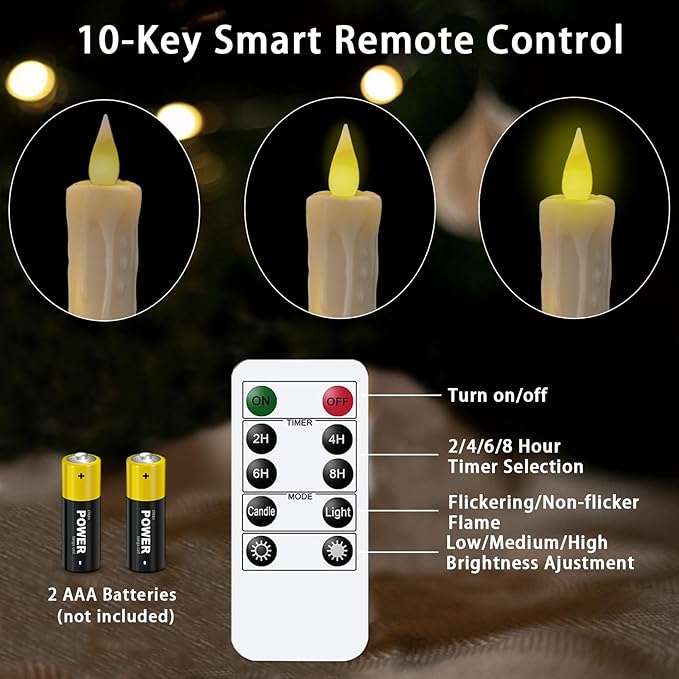 KSWING Upgraded Real Wax LED Flameless Taper Candles with Remote, 6 PCS White Dripping Candlesticks Battery Operated 3D Flickering - 9.6" Long Realistic Fake Candle Sticks for Home/Wedding/Xmas Decor