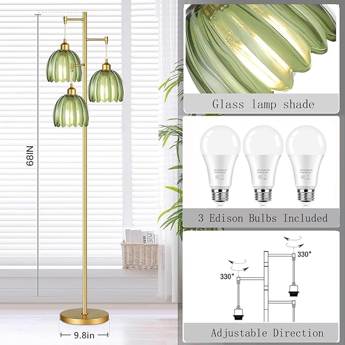 Gold Floor Lamp for Living Room,Bedroom,Mid Century Modern Standing Lamp Brass Tree 3 Light Tall Floor Lamps Vintage Retro Floor Lights Glass Green Flower Lamp Shade Farmhouse Boho Bohemian