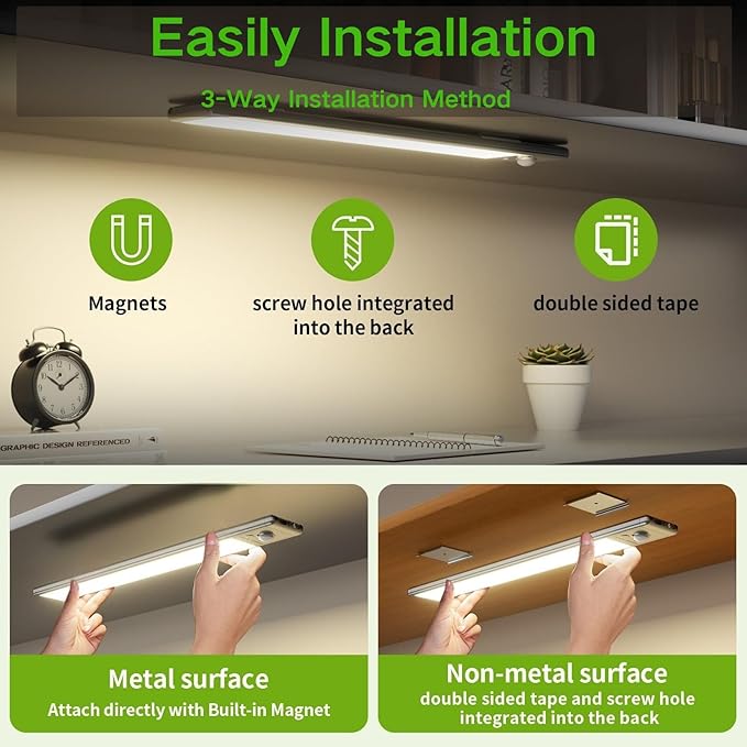 Motion Sensor Under Cabinet Lighting-Magnetic Rechargeable Closet Lights for Kitchen,Stairs,Wardrobe | 3-Color Dimmable LED Under Counter Lighting | Cord-Free Light Bars (9.5inch-4Pack)