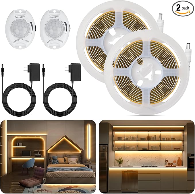 Under Bed Lights Motion Sensor COB Strip, 2-Pack of 6.56Ft Warm White Motion Activated LED Strip Lights with Dimmer, 12V Motion Sensor LED Light Strip Indoor for Bedside Cabinet Kitchen Closet Stair