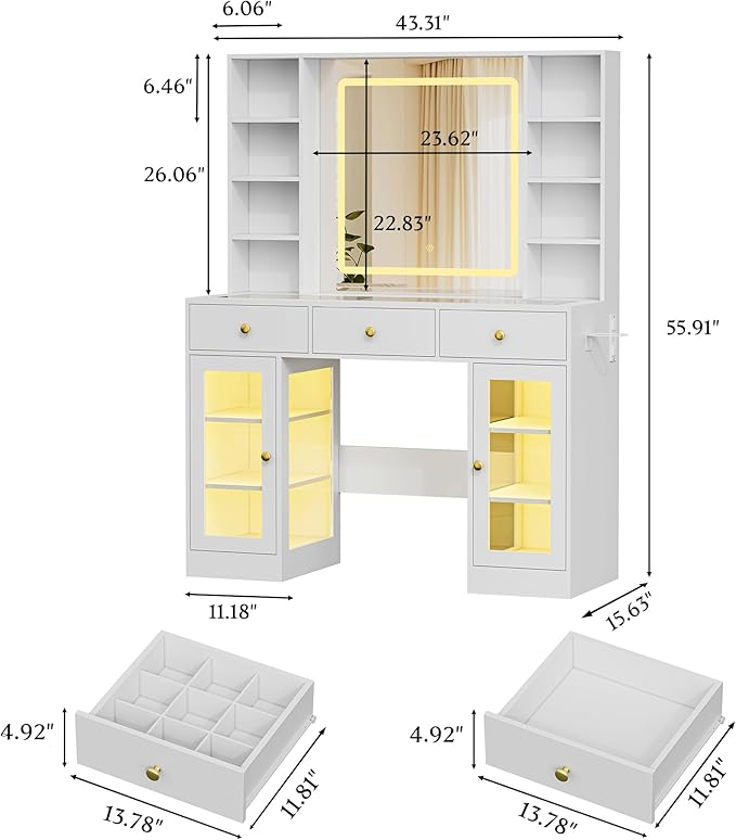 Makeup Vanity Desk with Mirror and Lights, 43" White Vanity with Glass Top, Jewelry Storage, 3 Drawers & Glass Cabinets, Power Outlet & Adjustable LED Lights, Dressing Table for Women & Girls Bedroom