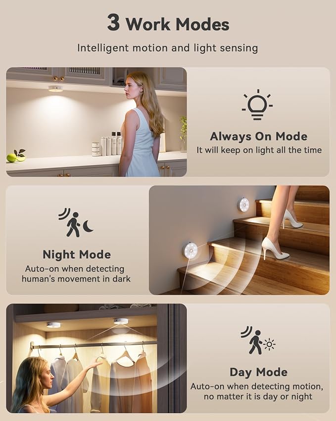 Puck Lights with Remote, Rechargeable Under Cabinet Lighting, 3 Color Temps, 12 RGB Color LED Motion Sensor Lights Wireless, Dimmable Tap Lights for Closet, Kitchen, Shelf, Stair, 4 Pack