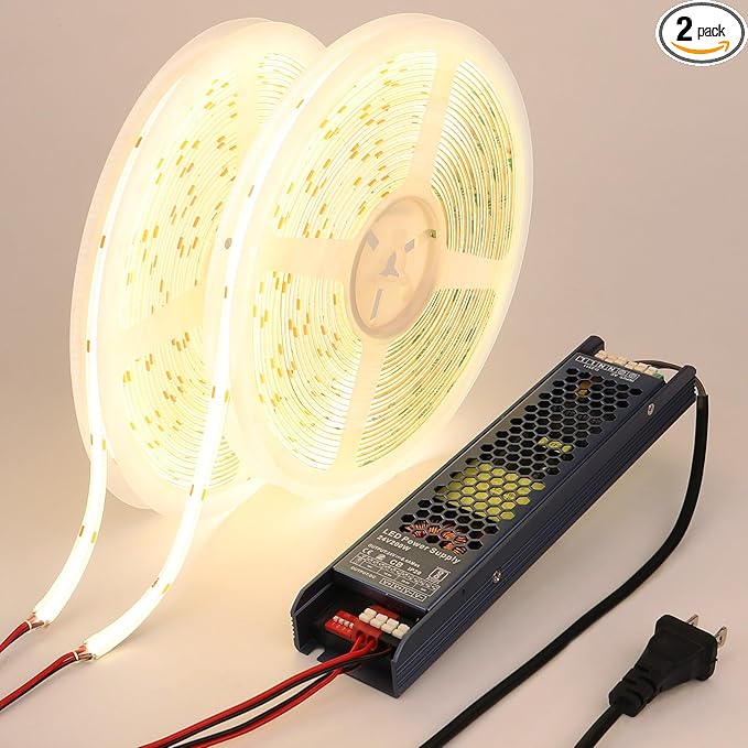 24V COB LED Strip Light Outdoor Waterproof 65.6ft (2 Rolls of 32.8ft), 4000K Natural White 11W/M 312LEDs/M CRI 93 LED Tape Light with Power Supply for Bedroom Courtyard Living Room Ceiling