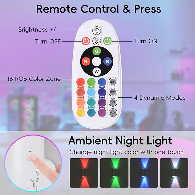 LED Wireless Wall Sconce with Remote, 16 Colors Changing, Motion Sensor Light Indoor, Dimmable, 1500mAh Rechargeable Battery Operated Wall Sconces for Hallway, Stair, Bathroom, Bedroom