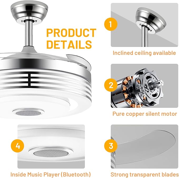 48 Inch Fandelier Ceiling Fan with Light and APP/Remote,Bluetooth RGB Ceiling Fan with Music Speaker,3 Retractable Blades 6 Speed Chandelier Fan for Bedroom Living Room Dining Room
