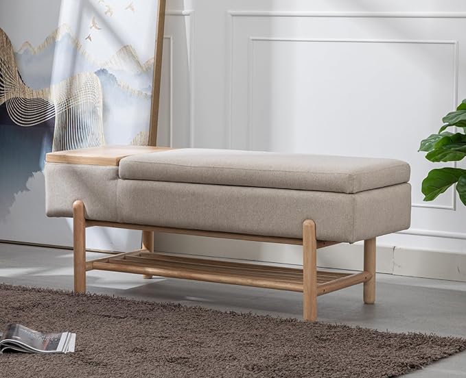 Modern Entryway Storage Bench, Upholstered Shoe Ottoman Bench, Flip-Top End of Bed Bench with Wood Shelf/Coffee Table for Living Room/Bedroom/Hallway/Under Window,46.5 Inches,Beige Linen