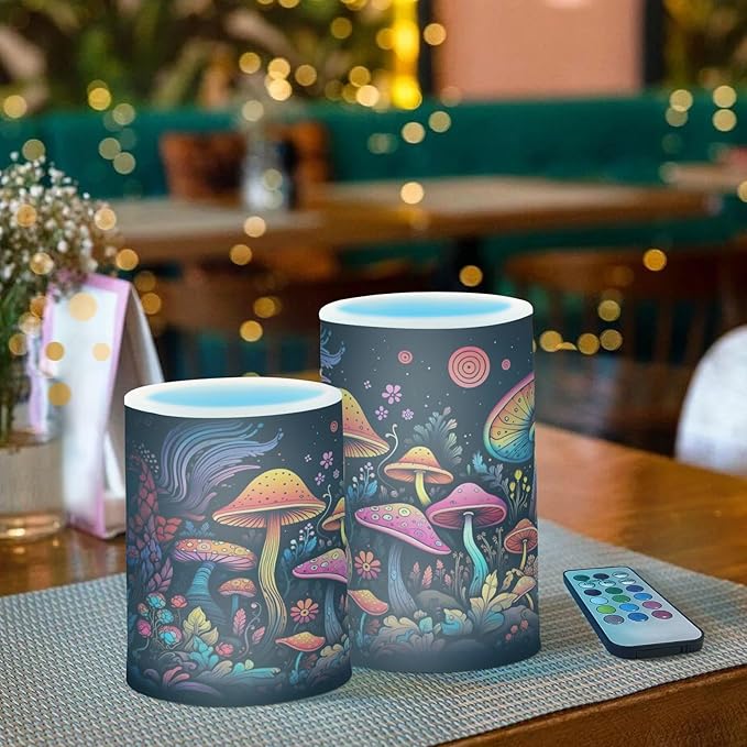 Doodle Colourful Fantasy Mushroom Flameless Candles Color Changing LED Candles with Remote Control Battery Candles for Outdoor and Indoor Home and Room Decoration, 3'' x 4''/5'' Set of 2 Pieces