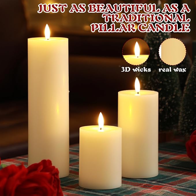 Retisee 3 Pcs Ivory Large Flameless LED Electric Candles with Remote Battery Operated 3D Pillar Flickering Candles for Home Table Porch Outside Indoor Party Wedding Light Decor(4''/6''/10'' x 3'')
