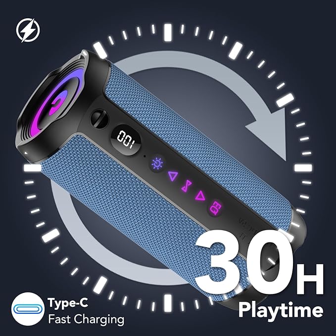 Portable Bluetooth Speaker, Bluetooth 5.4 Speaker,30W Dual Speaker with LED Display, Deep Bass, 30H Playtime, Colorful RGB Lights, IPX7 Waterproof,TWS pairing for Outdoor/Home/Party/Travel,Gift Ideas