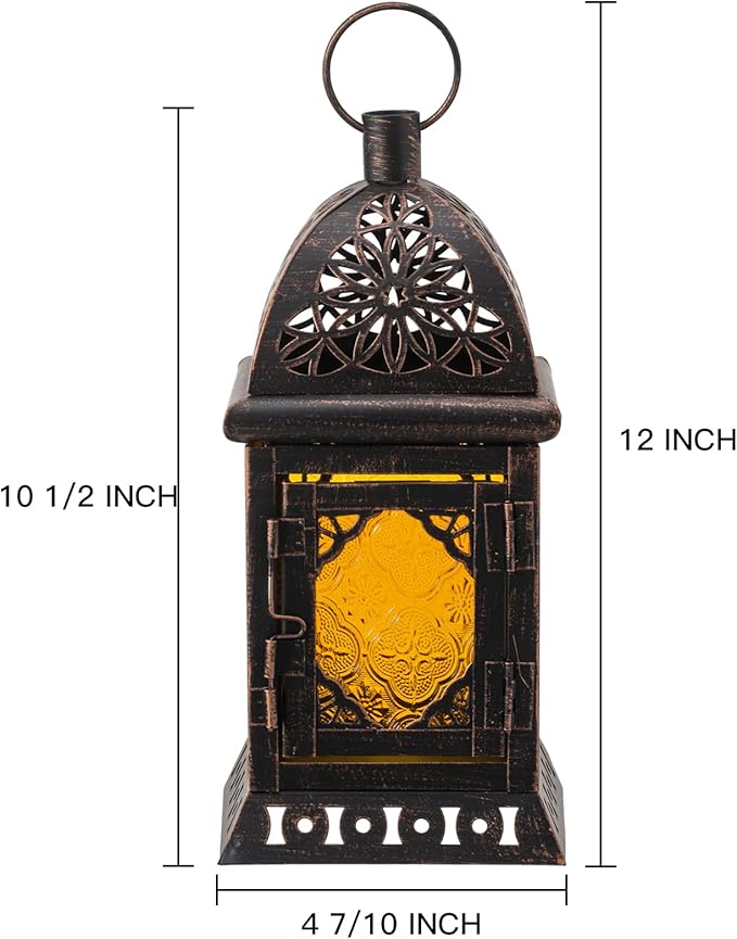 DECORKEY Candle Lanterns Decorative Indoor & Outdoor, 12'' Vintage Moroccan Hanging&Tabletop Lantern, Christmas Halloween Metal Candle Holder for Home Front Porch Patio Decor (Amber)