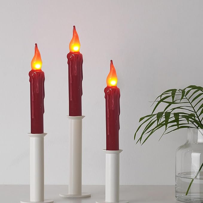 Burgundy Flameless Short Taper Candles, Real Wax Hand Dipped Dark Red LED Battery Operated with Remote, Flickering Flame Lights for Festival Home Décor, 6.7 Inch Primitive Flameless Candles, 2PCS