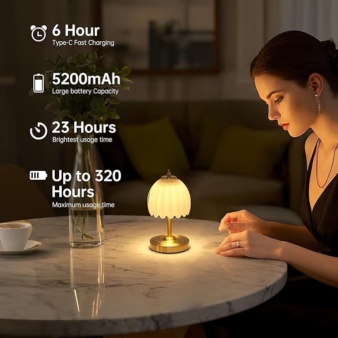 Set of 2 Tulip Table Lamp with 5200mAh Battery & Touch Control, Cordless Small Table Lamp with 3 Colors, Rechargeable Battery Operated Table Lamps for Nightstand, Bedroom (White Tulip)