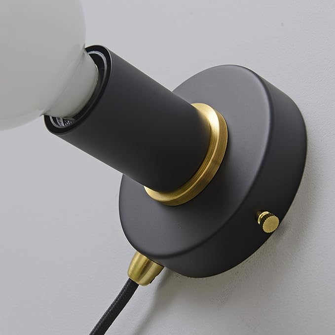 BRIGHTTIA Matte Black Plug-in Simple Ring Wall Sconce Light - Brushed Brass Color Accents - Modern Minimalist Lighting - Mid Century Industrial Exposed Bulb Wall Lamp - 16Ft Fabric Cord (BW0005-1BP)
