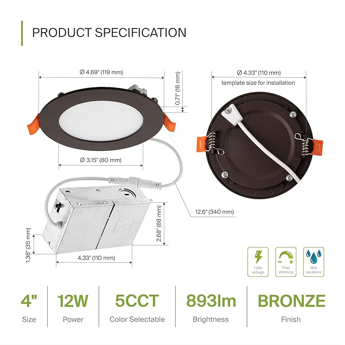 ASD 1 Pack LED Recessed Lighting 4 Inch 12W, 5 CCT 2700K-5000K CRI90+, IC Rated Ultra Thin Dimmable Ceiling Lights with J Box, Canless Wafer Downlight, Round Slim Panel Light, UL Listed, Bronze