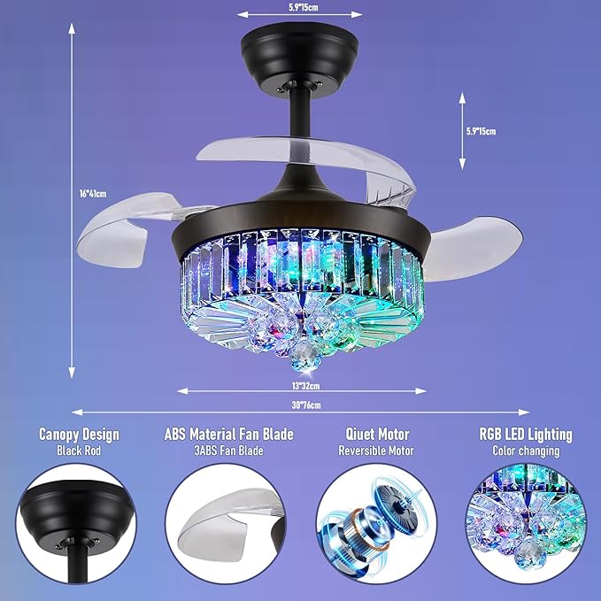 30" RGB Fandelier Ceiling Fan with Light, Retractable Crystal Chandelier Fan LED Dimmable Ceiling Fan and Remote APP Control for Living Room Dining Room Bedroom Black