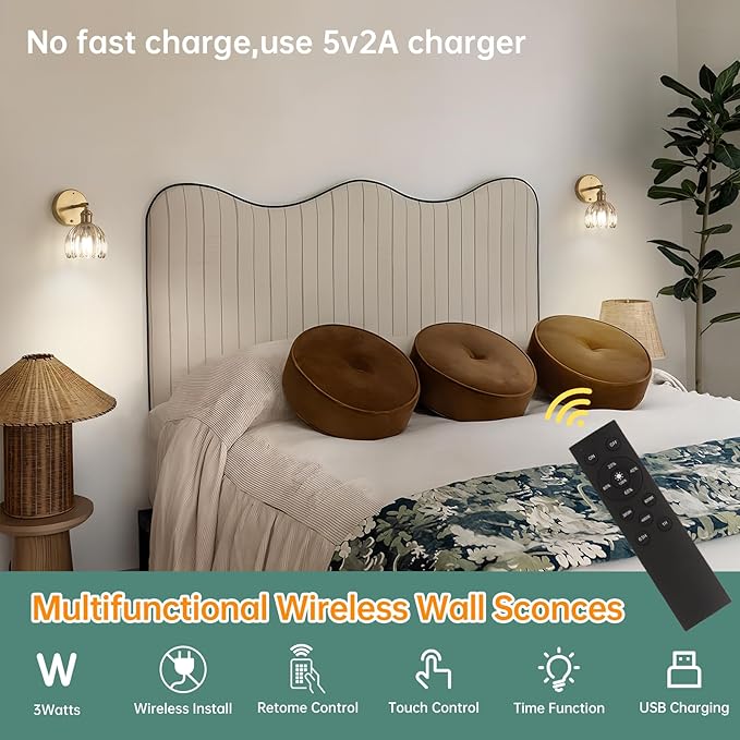 Battery Operated Vintage Wall Sconces with Amber Tulip Glass Lampshade Battery Powered Wall Lighting for Bedside Bedroom Doorway, Set of 2