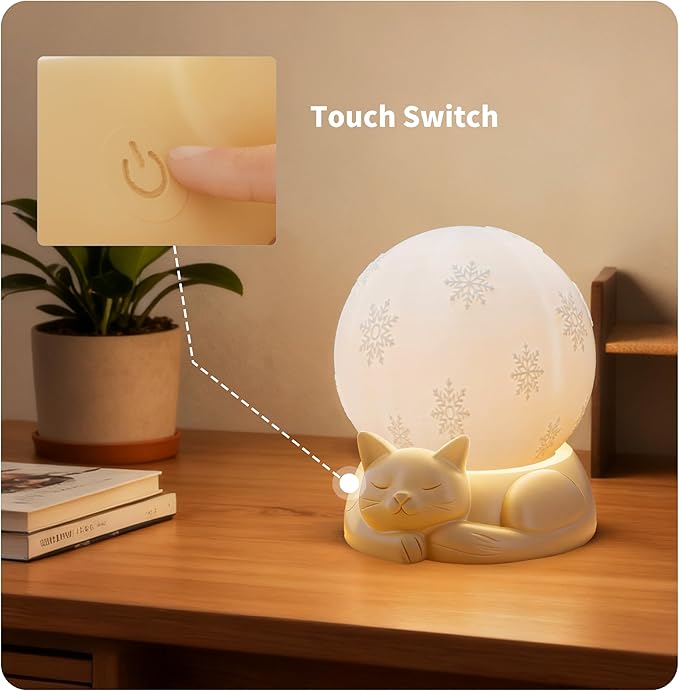 Bedside Table Lamp for Bedroom - Touch Control Rotating Cat Lamp with 3 Color Temperature, Rechargeable Battery Operated Cordless Lamp for Nightstand, Nursery, Kids Room