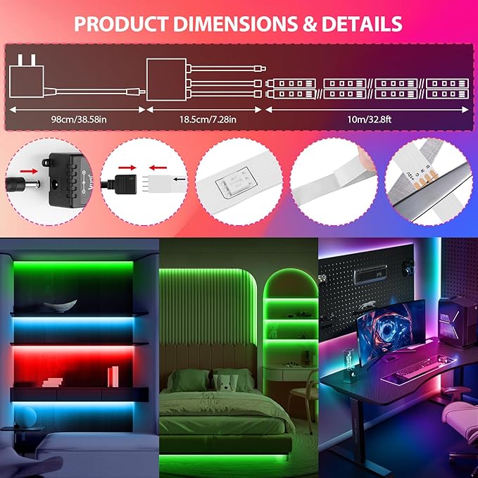 LED Strip Lights 65.6Ft(2 Rolls of 32.8ft), Dimmable 5050 RGB Color Changing Lights Strip with 40 Key IR Remote Controllers, Self-Adhesive Flexible 12V Bright LED Tape Light Kit for Home Party Holiday