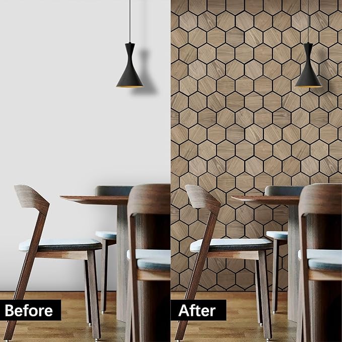 Wall Paneling for Interior Wall - 4 PCS Hexagon Wall Panels - Hexagon Acoustic Panels - Natural Walnut Wood Veneer Sound Proof Panels for Walls, Wood Slat Wall Panel 23.8" W x 29" L