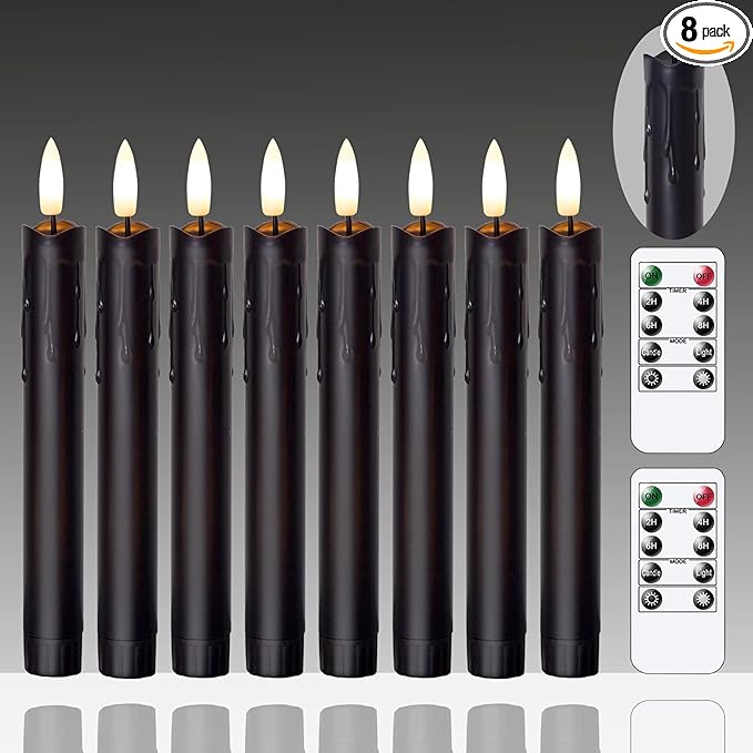 Flameless Flickering Taper Candles Two Remote, 7.5 Inch Black Battery Operated LED Window Candles Timer,Set of 8 Plastic 3D-Wick Dripping-Wax Effect Flameless Candlesticks(0.86”Dia,Warm Fire)