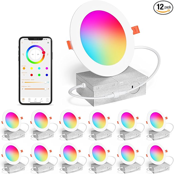 Smart Recessed Lighting 4 Inch RGBCW Color Changing 12W LED Downlight with Junction Box,1080 Lumen Recessed Ceiling Light Compatible with Alexa,Dimmable by Bluetooth Control -12Pack