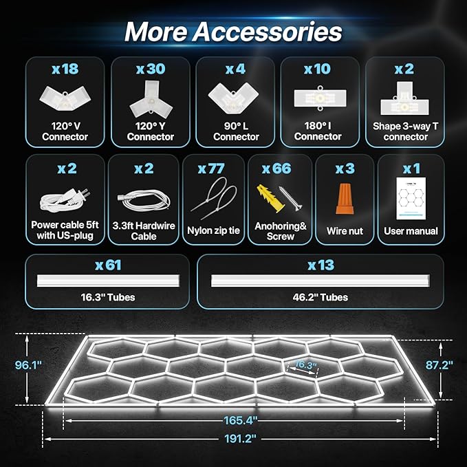 HYPERLITE Gen 2 Hexagon Garage Lights: 624W 62400LM 15 Grids Hexagon Led Lights, 6500K Ultra Bright Honeycomb Hex Lights, Easy Install, Durable Design for Garage, Car Detailing, Workshops, Gym