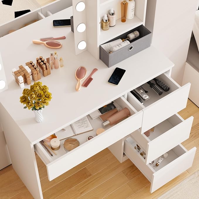 Fameill Makeup Vanity with Lights, 37inch Vanity Desk with Mirror and Lights 4 Drawers, 3 Lighting Modes Brightness Adjustable, White