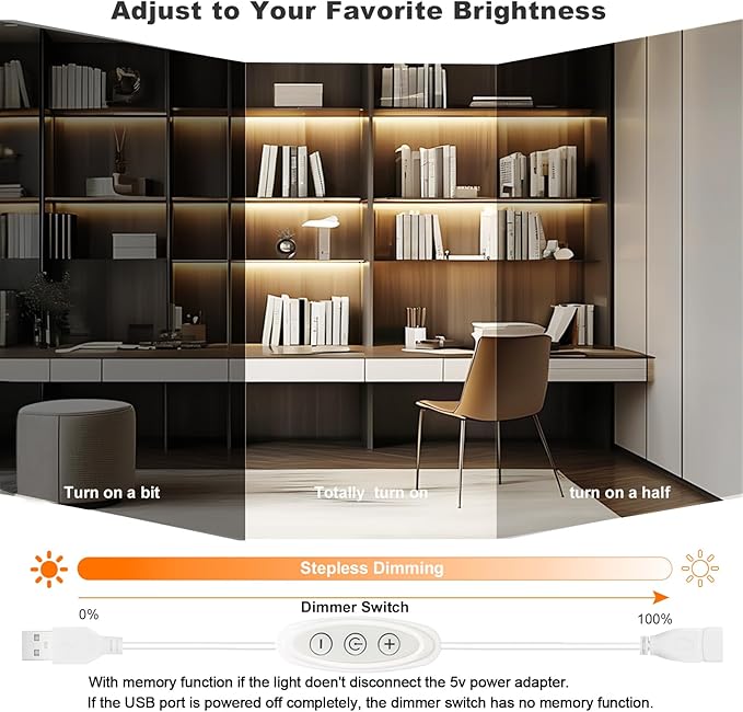 USB Light Strip Warm White 3000k CRI92+ 5v Small Cuttable COB Led Strip Light with Dimmer Switch, 10Watt/6 ft for TV Backlight,Cabinet,Bedroom,Indoor DIY Lighting Project